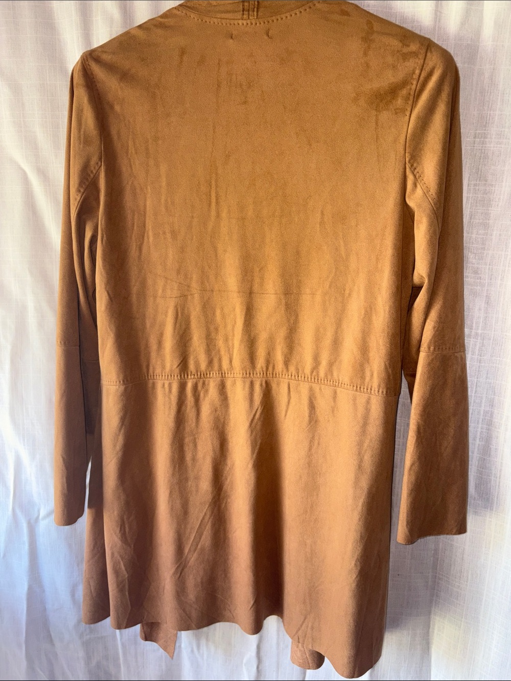 Max Studio Camel Faux Suede Open-Front Draped Trench Coat - Picture 9 of 10